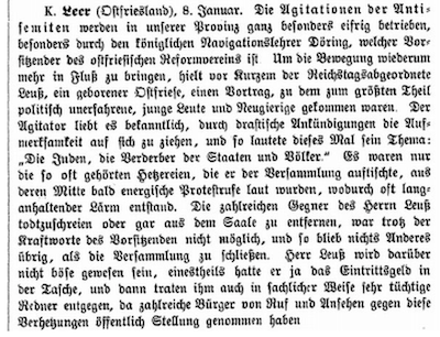 Artikel im der Allgemeinen Zeitung des Judentum zu einem Vortrag von Hans Leuss